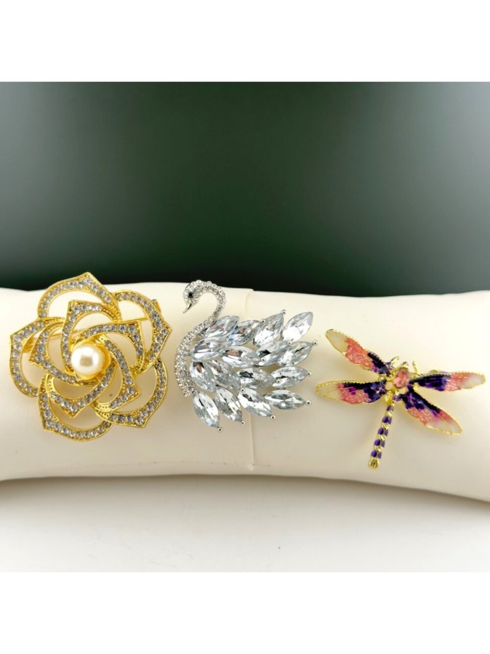 Set Of 3 Brooch Lot Gold Flower Rhinestone Swan Multicolor Dragonfly Modern